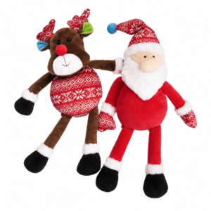 Peluche natalizi Camon renna e Babbo Natale su sfondo bianco