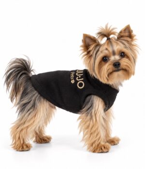 Liu Jo Pets Fuocosa nera con logo oro indossata da Yorkshire, vista laterale