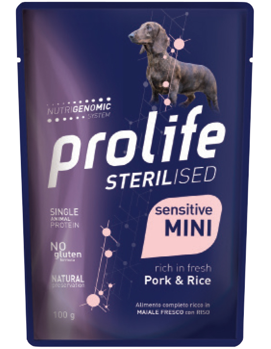 prolife-maiale-100g Prolife Sterilised Sensitive Adult Pork & Rice Mini, bustina 100 g