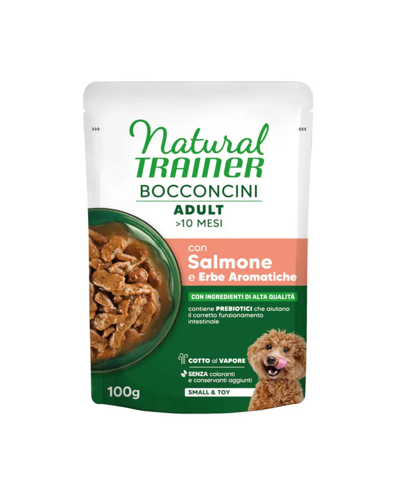 Natural Trainer Bocconcini Adult Small & Toy con Salmone e Erbe Aromatiche 100 g