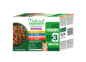 Natural Trainer Straccetti Sterilised Multipack 4 gusti (Manzo, Salmone, Pollo e Tonno) 12 x 85 g