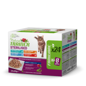 Natural Trainer Bocconcini Sterilised Multipack 4 gusti (Merluzzo, Tacchino, Tonno e Manzo) 24 x 85 g
